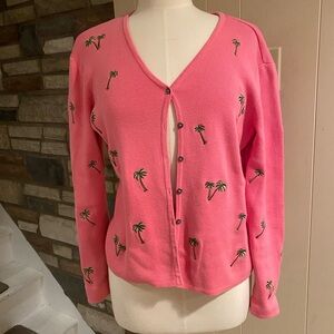 Alexandra Bartlett Pink Palm Embroidered V-Neck Cardigan